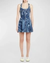 EMILIO PUCCI SWIRL-PRINT DENIM SLEEVELESS FIT-&-FLARE MINI DRESS