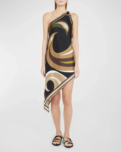 Emilio Pucci Swirl-print One-shoulder Buckle High-low Scarf Dress In Khaki/muschio