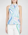 Pucci Swirl-print Sleeveless Button-front Shirt In Celestebianco
