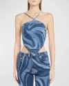 EMILIO PUCCI SWIRL-PRINT STRAPPY BACKLESS CROP HALTER TOP