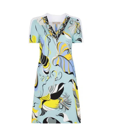 Emilio Pucci Tropical Fish Pattern V-collar Dress In Blue