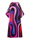 Pucci Abstract Print Silk Caftan Dress With Boat Neck And Long Sleeves In Purple