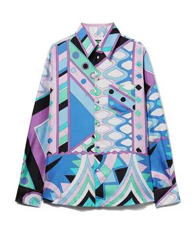 Emilio Pucci Vivara-print Silk Shirt In Lavender Purple, Water Green, Sky Blue, Cornflower Blue