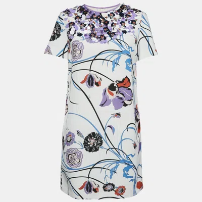 Pre-owned Emilio Pucci White Floral Cotton Blend Embellished Mini Dress M