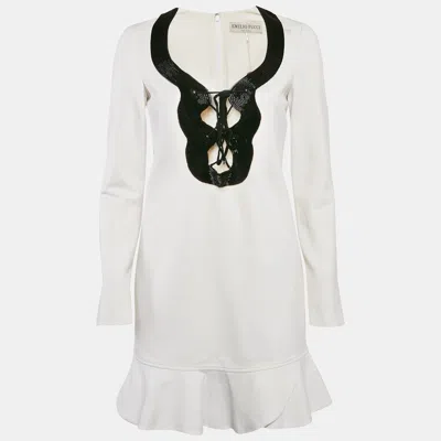 Pre-owned Emilio Pucci White Jersey Beaded Jersey Flounce Mini Dress S