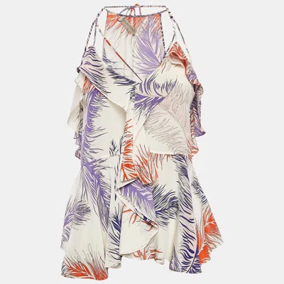 Pre-owned Emilio Pucci White Printed Silk Ruffled Strappy Top S