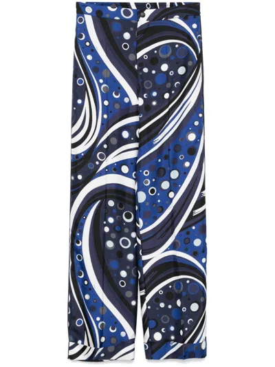 Pucci Printed Silk Wide Leg Trousers In Navy