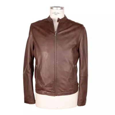 Emilio Romanelli Elegant Brown Leather Jacket With Snap Collar