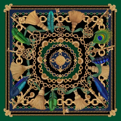 Emily Carter Women's Green / Gold The Charm & Feather Silk Scarf - Xl In Multi