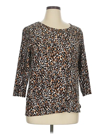 Pre-owned Emily Daniels 3/4 Sleeve Top Brown Animal Print Pattern Boatneck Tops
