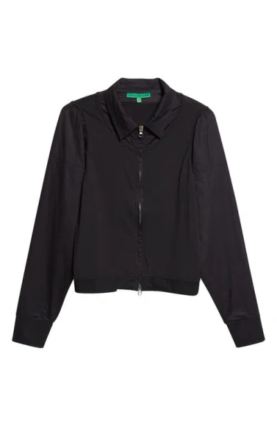 Emily Dawn Long Canopy Zip-up Cotton Poplin & Jersey Shirt Jacket In Black