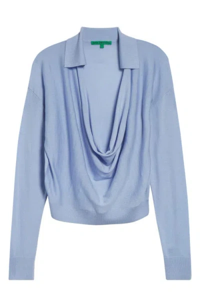 Emily Dawn Long Drape Front Wool Polo Sweater In Blue
