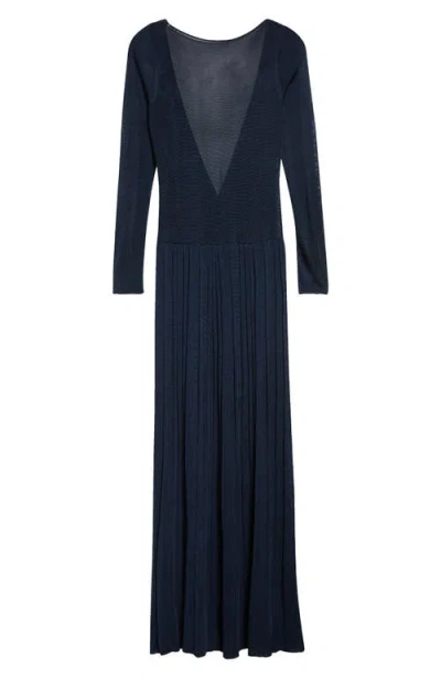 Emily Dawn Long Kingsley Pleated Long Sleeve Drop Waist Column Dress In Blue