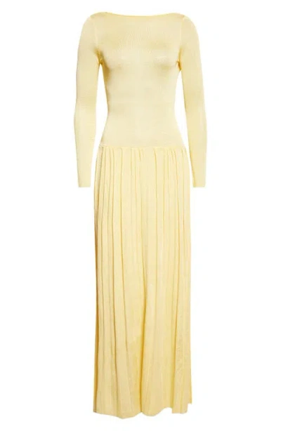 Emily Dawn Long Kingsley Pleated Long Sleeve Drop Waist Column Dress In Yellow