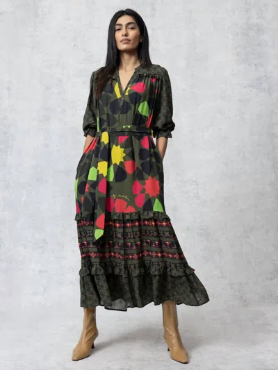 Emily Lovelock Adela Geometric Print Midi Dress In Black Multi