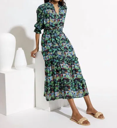 Emily Lovelock Adela Tropical Print Midi Dress In Black Multi