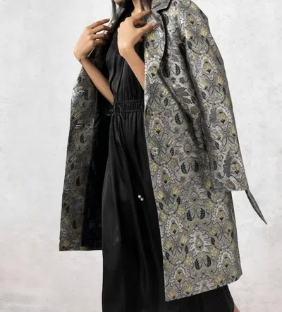 Emily Lovelock Deborah Metallic Brocade Coat In Silver In Grey