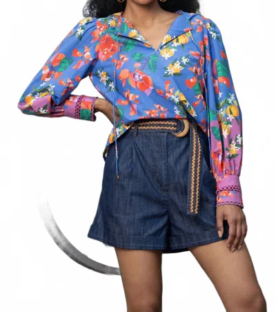 Emily Lovelock Eva Floral Long Sleeve Top In Amparo Blue