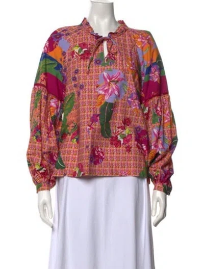 Pre-owned Emily Lovelock Floral Print Tie Neck Blouse In Pink