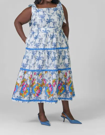 Emily Lovelock Midi Print Dress In Blue White Palms