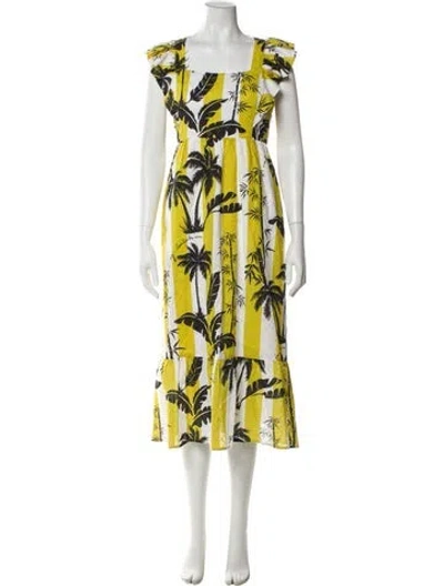 Pre-owned Emily Lovelock Printed Midi Length Dress In Yellow