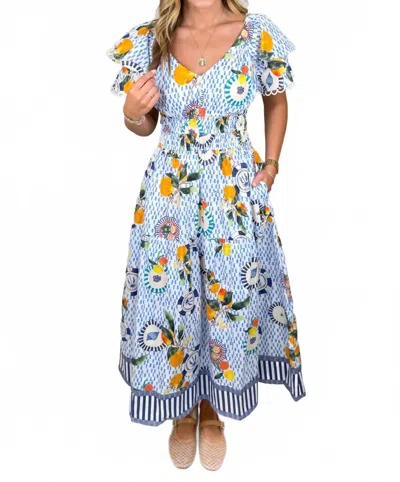 Emily Lovelock Valentina Print Dress In White In Blue