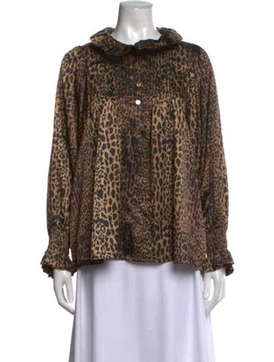 Pre-owned Emily Mccarthy Animal Print Long Sleeve Blouse In Brown