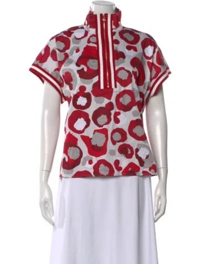 Pre-owned Emily Mccarthy Animal Print Mock Neck Top In Red
