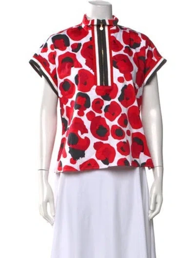 Pre-owned Emily Mccarthy Animal Print Mock Neck Top In Red