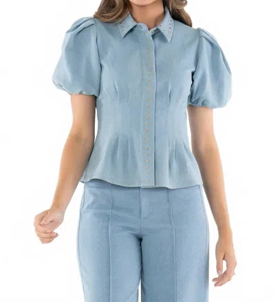 Emily Mccarthy Britt Puff Sleeves Top In Denim In Blue