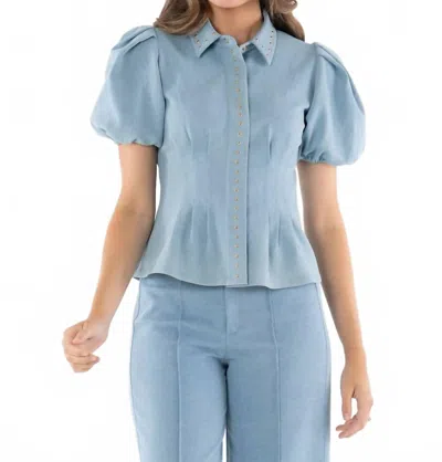 Emily Mccarthy Britt Puff Sleeves Top In Denim In Blue