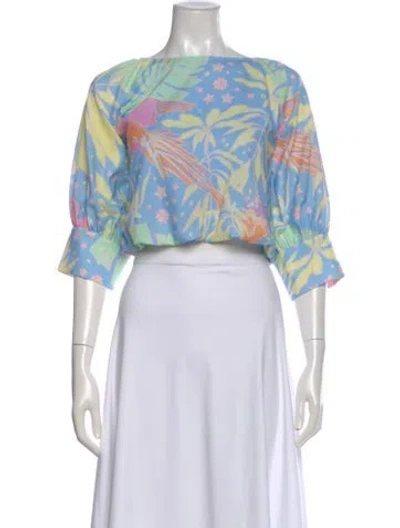 Pre-owned Emily Mccarthy Floral Print Bateau Neckline Top W/ Tags In Blue