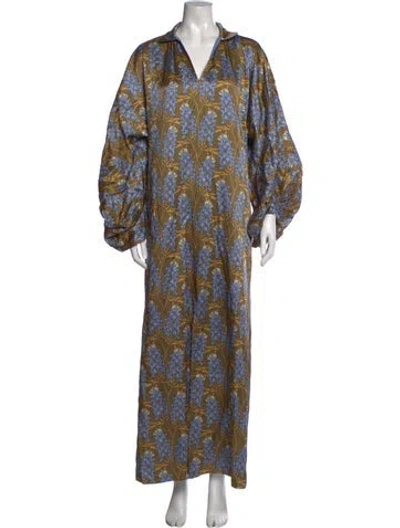 Pre-owned Emily Mccarthy Floral Print Long Dress In Blue