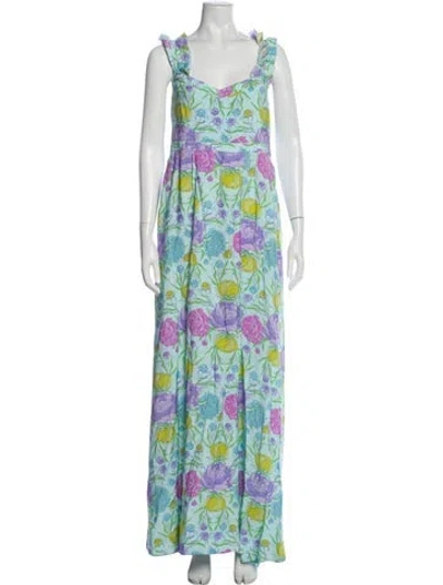 Pre-owned Emily Mccarthy Floral Print Long Dress W/ Tags In Blue
