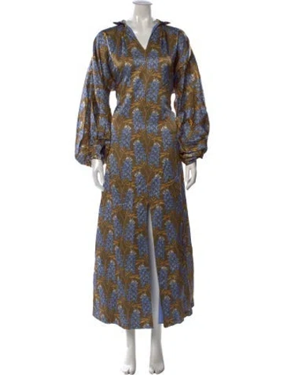 Pre-owned Emily Mccarthy Floral Print Long Dress W/ Tags In Blue