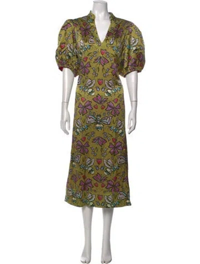 Pre-owned Emily Mccarthy Floral Print Midi Length Dress W/ Tags In Green