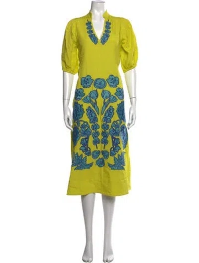 Pre-owned Emily Mccarthy Floral Print Midi Length Dress In Yellow