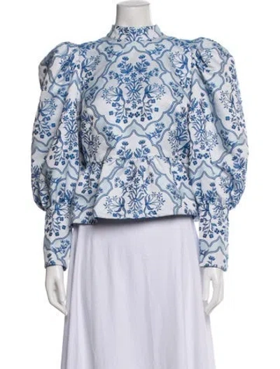 Pre-owned Emily Mccarthy Floral Print Mock Neck Blouse In Blue/white