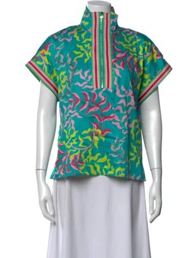 Pre-owned Emily Mccarthy Floral Print Mock Neck Top In Green