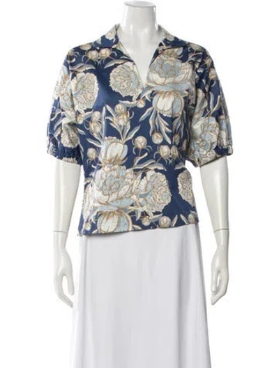 Pre-owned Emily Mccarthy Floral Print Short Sleeve Blouse In Blue