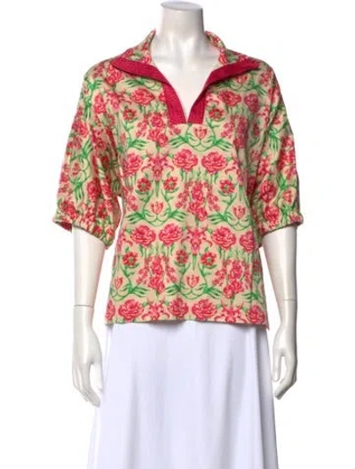 Pre-owned Emily Mccarthy Floral Print Three-quarter Sleeve Top W/ Tags In Pink