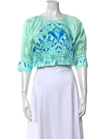 Pre-owned Emily Mccarthy Graphic Print Scoop Neck Crop Top W/ Tags In Green