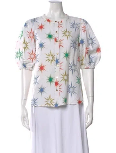 Pre-owned Emily Mccarthy Graphic Print Short Sleeve Blouse In White