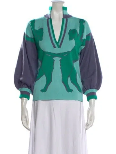 Pre-owned Emily Mccarthy Graphic Print V-neck Sweater In Green