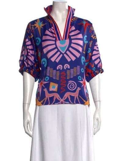 Pre-owned Emily Mccarthy Graphic Print V-neck Top In Purple