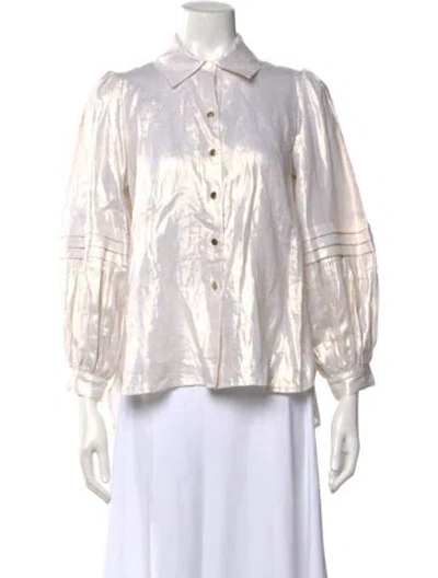 Pre-owned Emily Mccarthy Linen Long Sleeve Blouse W/ Tags In White