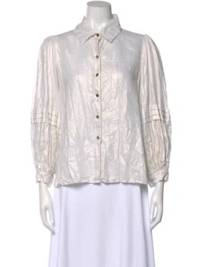 Pre-owned Emily Mccarthy Linen Long Sleeve Blouse In White