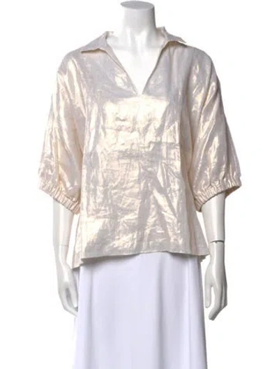 Pre-owned Emily Mccarthy Linen V-neck Blouse W/ Tags In White