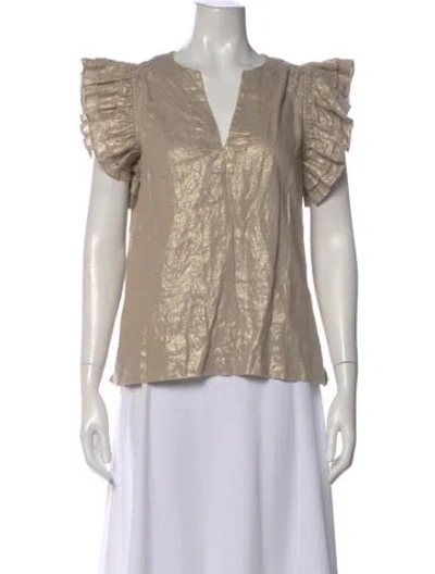 Pre-owned Emily Mccarthy Linen V-neck Top In Neutral