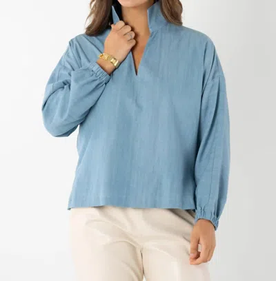 Emily Mccarthy Long Sleeve Poppy Top In Denim Chambray In Animal Print
